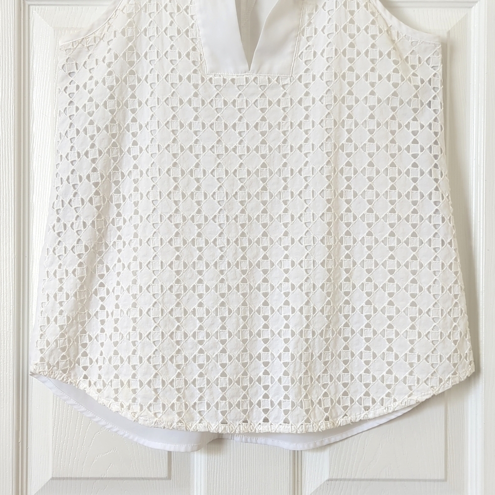 Athleta Eyelet Dunes Relaxed Embroidered Split Neck Tassel Tied Tank Top White S - Picture 6 of 11